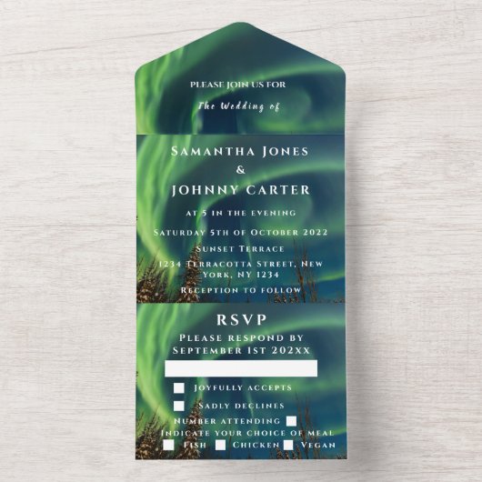 オーロラ星の夜の星の空結婚は1つの内のすべての オールインワン招待状 (内側)