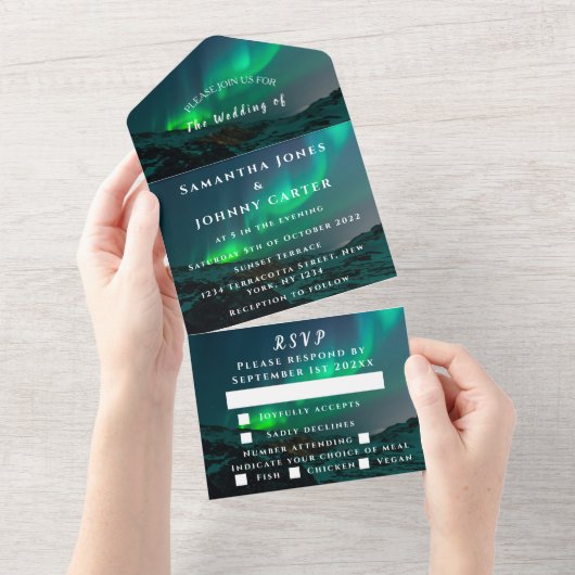 オーロラ星空結婚の夜空の一対一 オールインワン招待状 (貼ってはがせる)