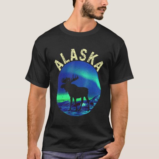 オーロラ アラスカ ダのレトロ アラスカン モース Tシャツ (正面)
