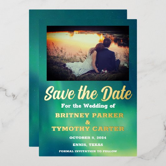 オーロラBorealis Sky QRコードフォト結婚ズ 箔招待状 (正面/裏面)