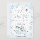 オーワイおもしろいブルー&シルバーウィンタースレイ誕生日 招待状 (正面)