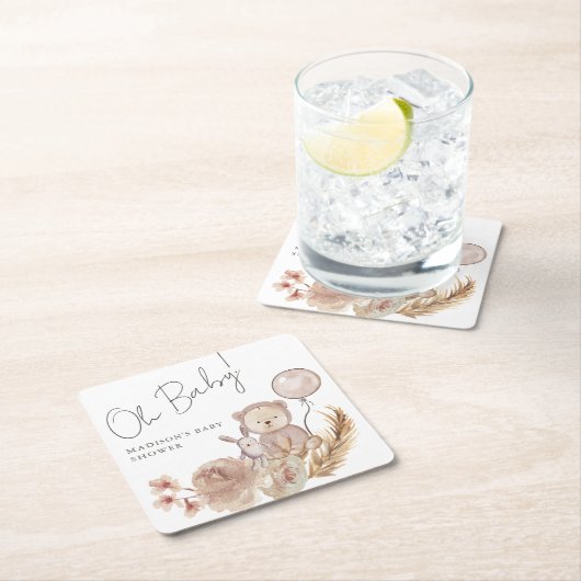 オー・ベイビー・ボーホー・ボタニカル with スウィート・ベア・ベイビーシャワー スクエアペーパーコースター (インサイチュ)