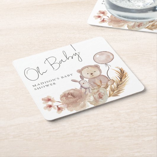 オー・ベイビー・ボーホー・ボタニカル with スウィート・ベア・ベイビーシャワー スクエアペーパーコースター (アングル)