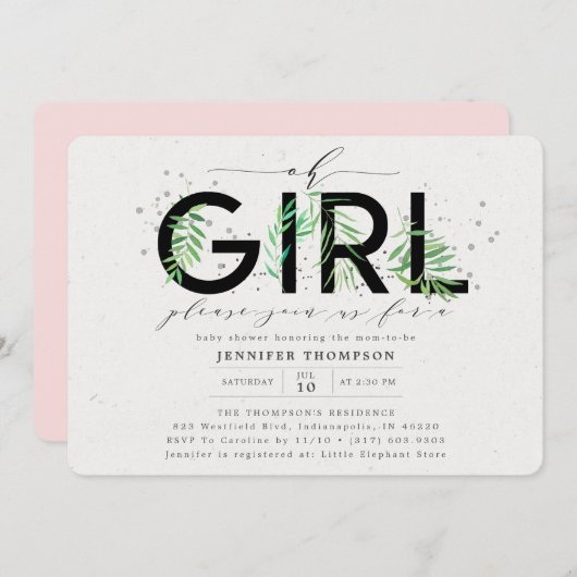 オ女モダンの子赤面熱帯緑の赤ちゃんシャワー 招待状 (正面/裏面)