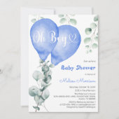 オ少年ブルーバルーンモダンユーカリ赤ちゃんシャワー 招待状 (正面)