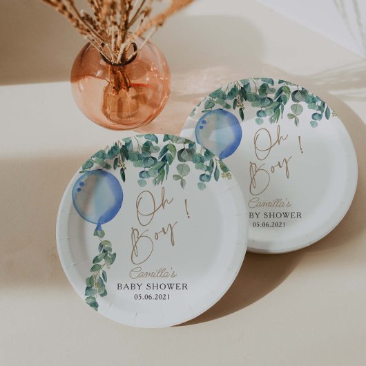 オ少年ユーカリ青バルーンベビーシャワー ペーパープレート