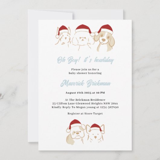 オ男の子のかわいこちゃん子犬クリスマスハウリデーベビーシャワー 招待状 (正面)