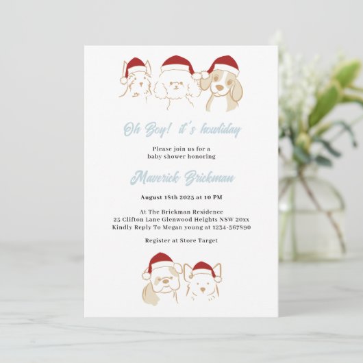 オ男の子のかわいこちゃん子犬クリスマスハウリデーベビーシャワー 招待状 (スタンド正面)