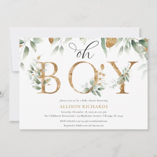 オ男の子のエレガント緑のシンプル金ゴールド赤ちゃんシャワー 招待状 (正面)