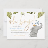 オ男の子の水色の象の散水赤ちゃんシャワー 招待状 (正面)