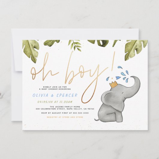 オ男の子の水色の象の散水赤ちゃんシャワー 招待状 (正面)