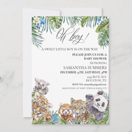 オ男の子の赤ちゃんシャワー熱帯ジャングル動物 招待状 (正面)