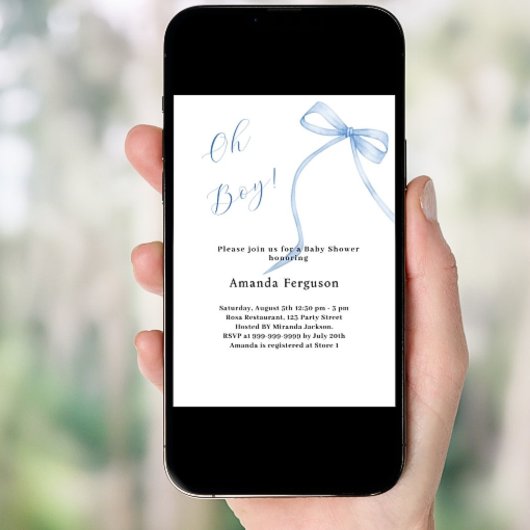 オ男の子の青い弓シンプルのエレガント赤ちゃんシャワー 招待状