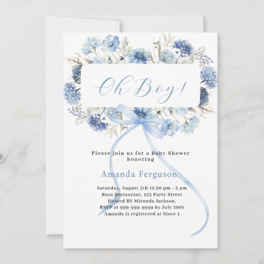 オ男の子の青い弓花模様ベビーシャワー 招待状 (正面)