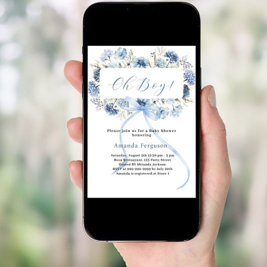 オ男の子の青い弓花模様ベビーシャワー 招待状