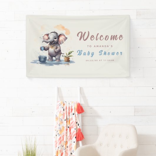 オ男の子エレファント素朴金ゴールドブルーベビーシャワー 横断幕 (インサイチュ)