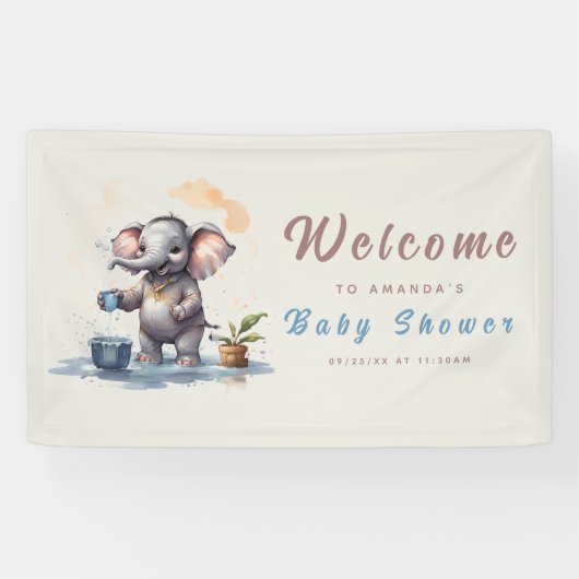 オ男の子エレファント素朴金ゴールドブルーベビーシャワー 横断幕 (横)