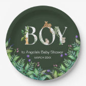 オ男の子サファリ動物ジャングルグリーンベビーシャワー ペーパープレート (正面)