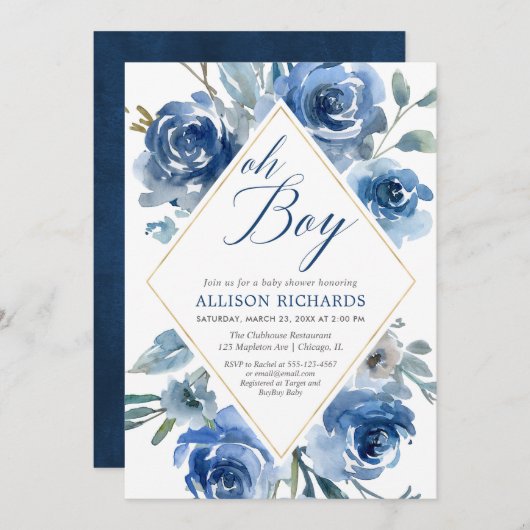 オ男の子ネイビーエレガントブルーフローラ男の子シャワー 招待状 (正面/裏面)
