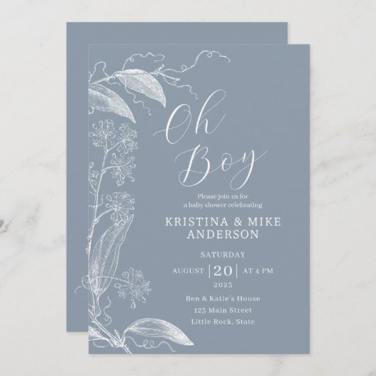 オ男の子モダンのシンプルほこりっぽい青い男の子の赤ちゃんシャワー 招待状 (正面/裏面)