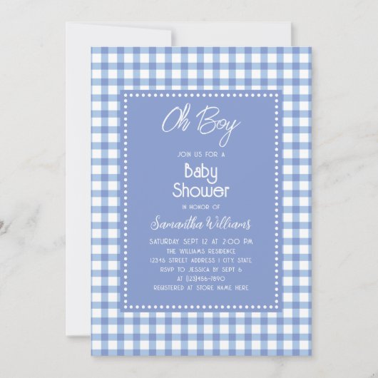 オ男の子モダンの青いジンガム男の子の赤ちゃんシャワー 招待状 (正面)