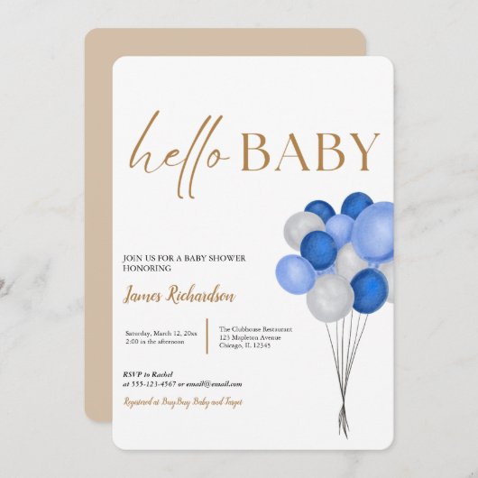 オ男の子モダンユーカリ青バルーン赤ちゃんシャワー 招待状 (正面/裏面)