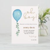 オ男の子モダンユーカリ青バルーン赤ちゃんシャワー 招待状 (スタンド正面)