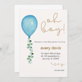 オ男の子モダンユーカリ青バルーン赤ちゃんシャワー 招待状 (正面/裏面)
