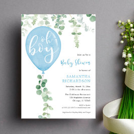 オ男の子モダンユーカリ青バルーン赤ちゃんシャワー 招待状