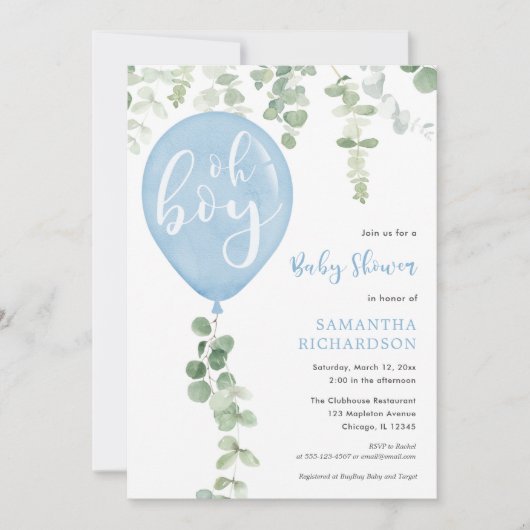オ男の子モダンユーカリ青バルーン赤ちゃんシャワー 招待状 (正面)