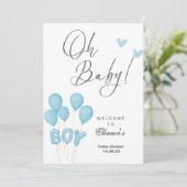 オ男の子モダンユーカリ青バルーン赤ちゃんシャワー 招待状 (スタンド正面)