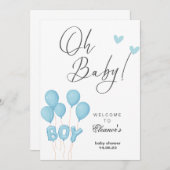 オ男の子モダンユーカリ青バルーン赤ちゃんシャワー 招待状 (正面/裏面)