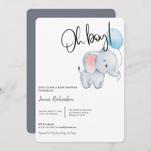 オ男の子モダンユーカリ青バルーン赤ちゃんシャワー 招待状 (正面/裏面)