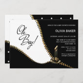 オ男の子白黒と金ゴールドジッパー赤ちゃんシャワー 招待状 (正面/裏面)