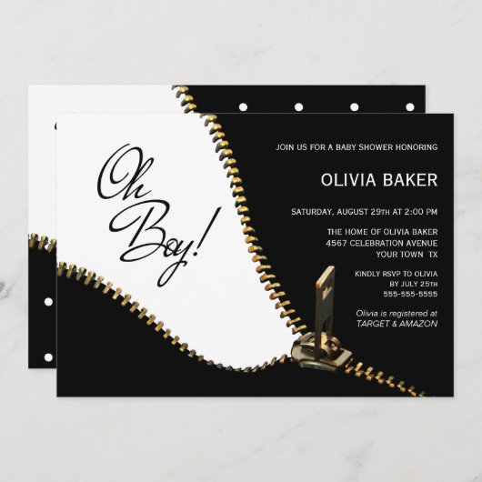 オ男の子白黒と金ゴールドジッパー赤ちゃんシャワー 招待状 (正面/裏面)