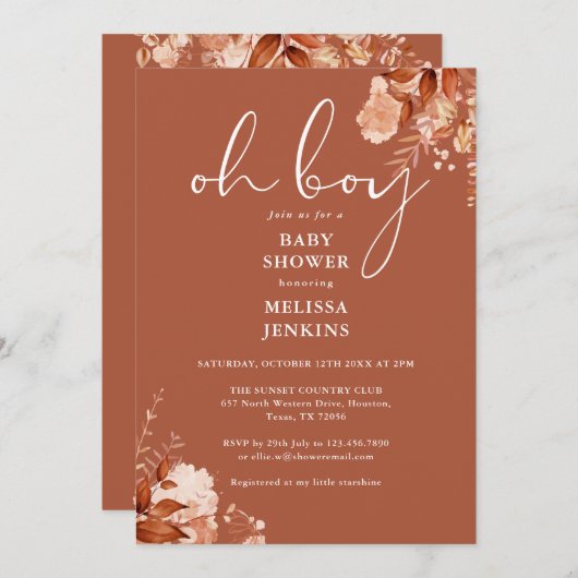 オ男の子素朴フローラ秋秋赤ちゃんシャワー 招待状 (正面/裏面)