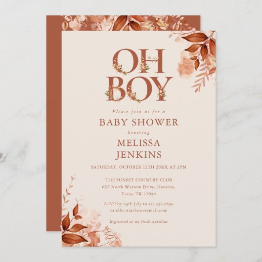オ男の子素朴フローラ秋秋赤ちゃんシャワー 招待状 (正面/裏面)