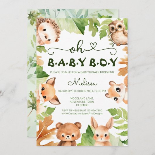 オ男の赤ちゃんウッドランド森林動物ベビーシャワー 招待状 (正面/裏面)