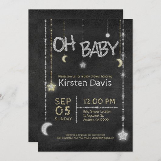 オ男の赤ちゃんガールシャルボードムーンスターズ赤ちゃんシャワー 招待状 (正面/裏面)