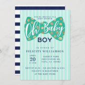 オ男の赤ちゃんグリーン&ネイビーボウタイシャワー招待状 招待状 (正面/裏面)