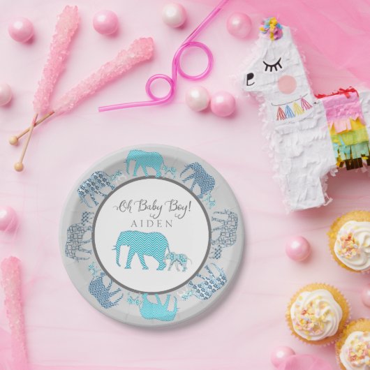 オ男の赤ちゃんゾウパターン(の模様が)あるンシェブロンモダン ペーパープレート (パーティー)