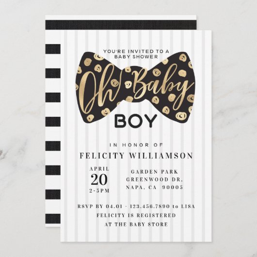 オ男の赤ちゃんブラック&金ゴールドボウタイベビーシャワーカード 招待状 (正面/裏面)
