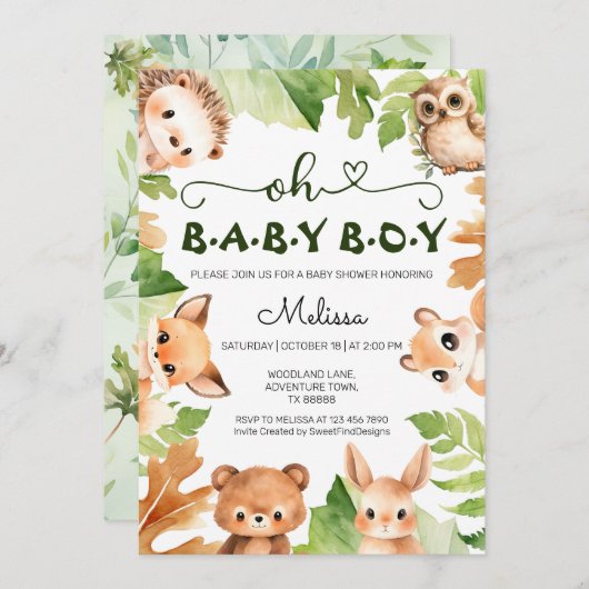 オ男の赤ちゃん森林動物ウッドランドベビーシャワー 招待状 (正面/裏面)
