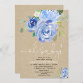 オ素朴ベビーネイビー青フローラ男の子のシャワー 招待状 (正面/裏面)