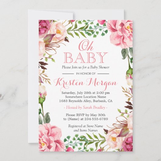 オ赤ちゃんシャワーガーリーシックエレガントピンクの花 招待状 (正面)