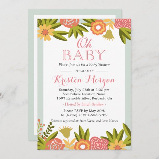オ赤ちゃんシャワーモダンシック自然花 招待状 (正面/裏面)