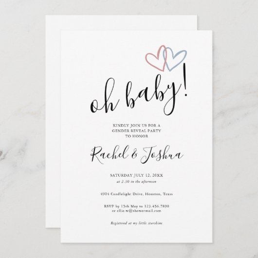 オ赤ちゃんブルーとピンクのハート性別がパーティーを表示 招待状 (正面/裏面)