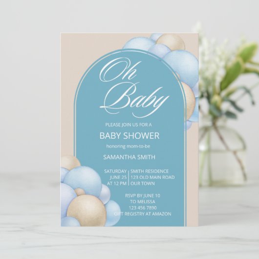 オ赤ちゃんブルーのベージュのバルーンのアーチミニマルシンプルリスト 招待状 (スタンド正面)