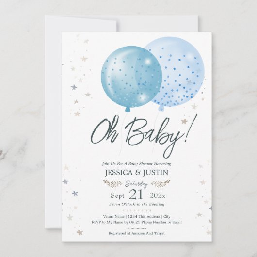 オ赤ちゃんブルー風船ベビーシャワー 招待状 (正面)