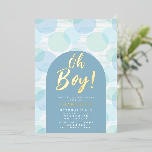 オ・ボーイ水玉模様ベビーシャワー 箔招待状 (立ち正面)
